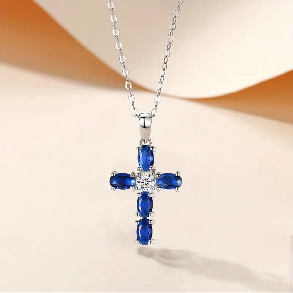 Elegant Blue Oval Cubic Zirconia Dainty Cross Pendant Spiritual Necklace - Picture 5 of 5